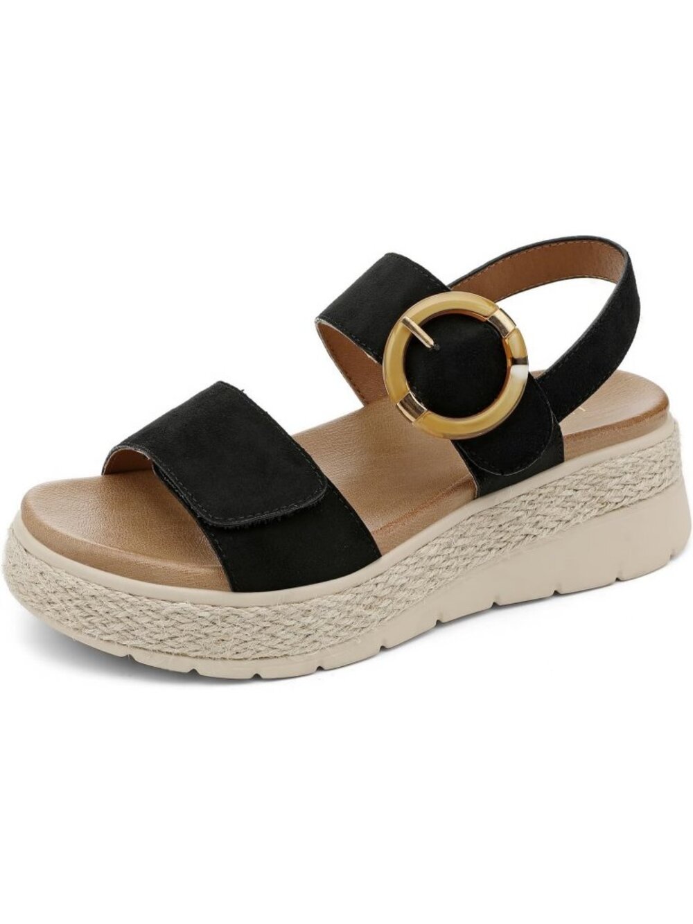 Women's Black Comfortable Solid Espadrille Low Wedge Heel Platform Sandal Shoes